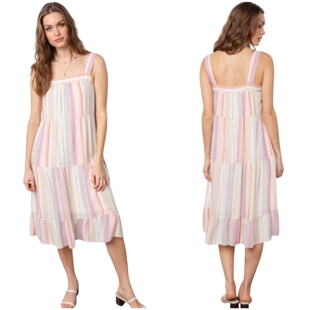 Rails‎ Linen Rainbow Striped Midi Dress Sz S Beach Resort Feminine Flowy Ruffle